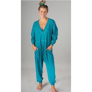 Natural Life Johnnie Cotton V Neck Jumpsuit Aqua Antique Jade Size Medium NWT
